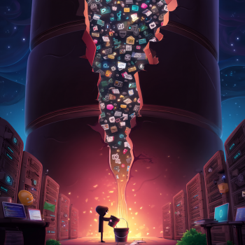 A tiny, shadowy figure stands amidst rows of server racks, collecting a torrent of small, multicolored digital icons pouring down from a massive, broken pipe or column above, glowing with an orange light.